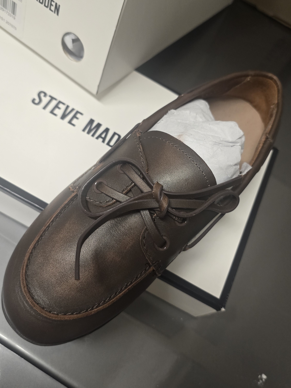 [brand new] Steve Madden Men's Dark Brown Leather Boat Shoe